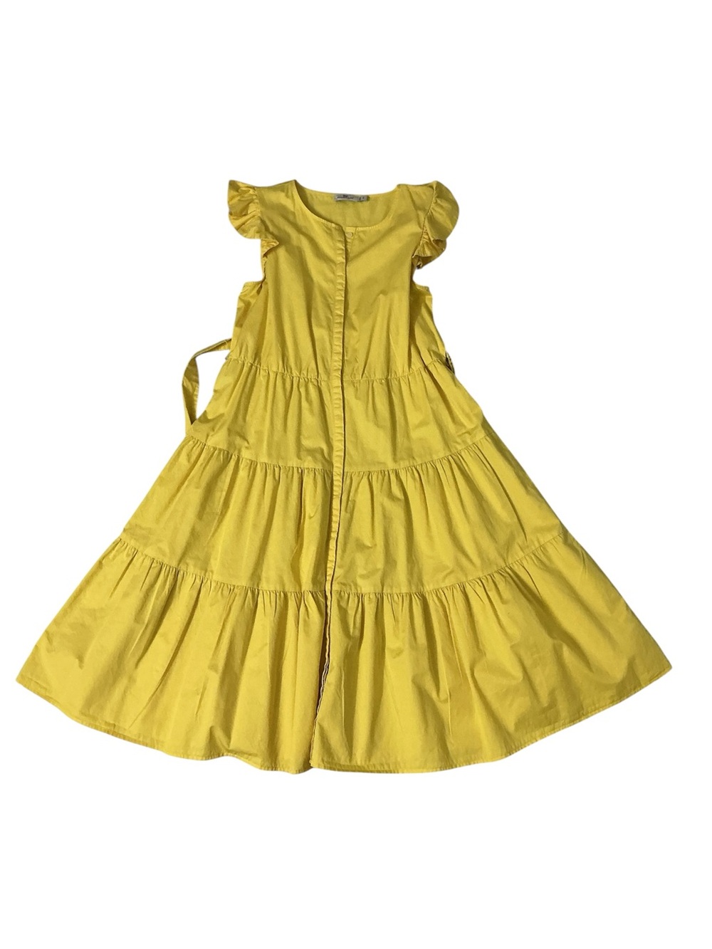 Vineyard Vines Girls Bright Yellow Tiered Cotton Dress with Flutter Sleeves